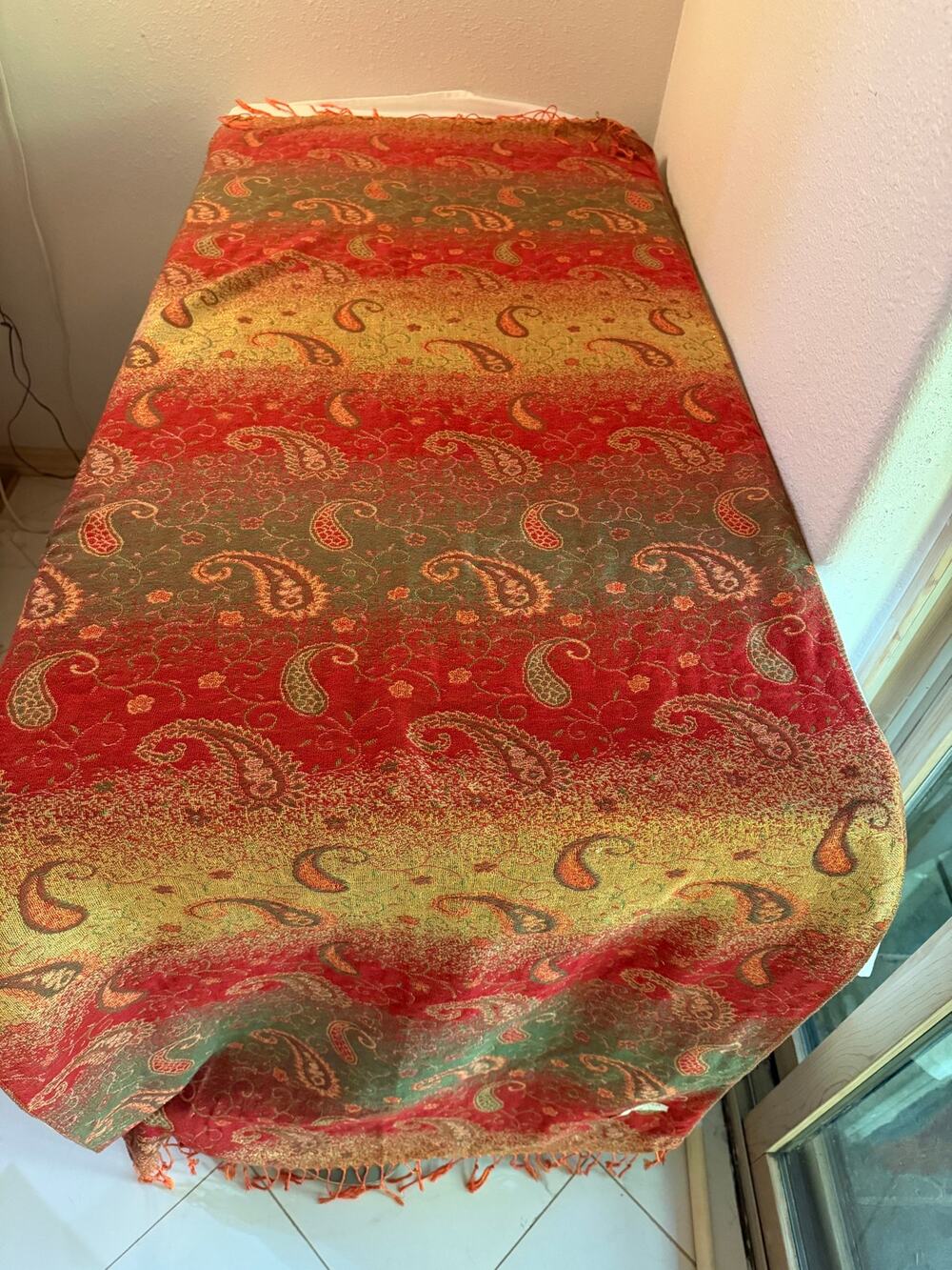 Pashmina Silk Blend Paisley Shawl Wrap Red Gold Olive Fringe 75x27